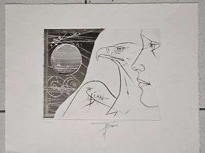 un dessin en noir et blanc représentant une femme avec un oiseau sur la tête