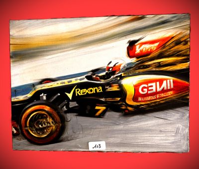 peinture représentant une voiture de course sur un circuit, sur fond rouge
