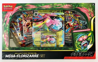 La boîte contient une collection de cartes Pokémon, dont une carte Méga-Florzoare.
