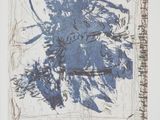 une image représentant un tableau bleu et blanc accroché à un mur blanc