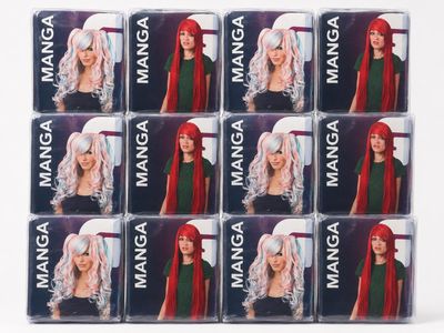 six packs of wigs with red and white wigs on them