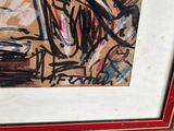 painting of a man with a hat and glasses in a red frame