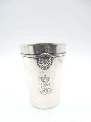 an image of a silver cup sitting on top of a white table