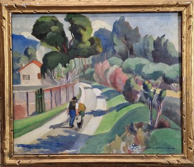 an image of a painting of people walking down a road