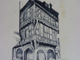 dessin représentant un vieux bâtiment surmonté d'une horloge
