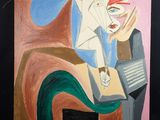 un tableau représentant une femme assise sur une chaise, un éventail à la main