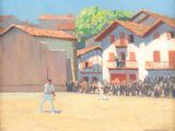 a painting of a baseball game being played in front of a crowd