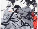 une image représentant un tableau où figurent deux femmes coiffées de chapeaux et tenant un parapluie rouge