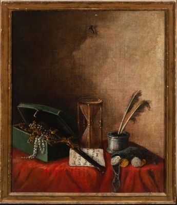 tableau représentant une nature morte avec une boîte, un stylo et d'autres objets