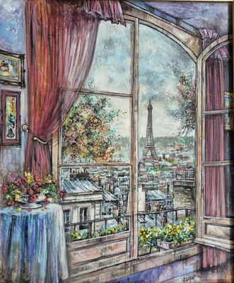 tableau représentant une pièce avec vue sur la tour Eiffel