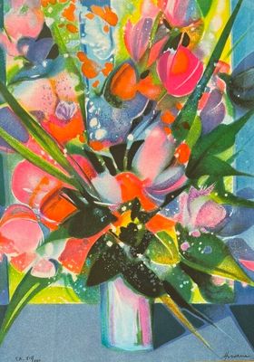 a painting of flowers in a vase on a table