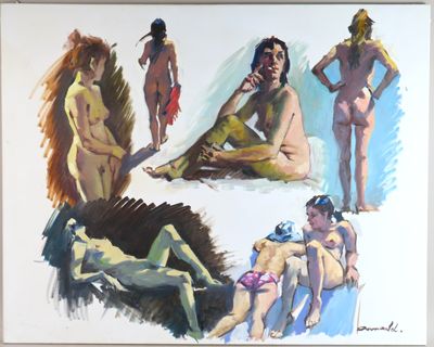 painting of a group of naked women sitting on a beach