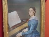 a painting of a woman in a blue dress sitting at a piano