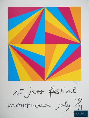 a poster with a picture of a colorful geometric design on it
