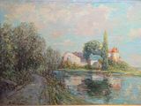 painting of a river scene with houses and trees in the background