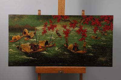 a picture of a painting on a easel with a painting of people in a boat