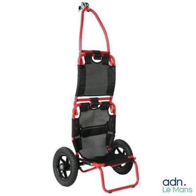 a close up of a red and black cart with wheels