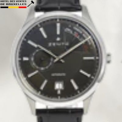 a picture of a watch with a black dial and black leather strap