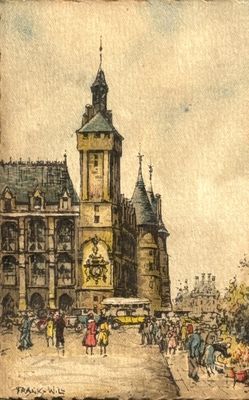 tableau représentant un grand bâtiment surmonté d'une tour horloge