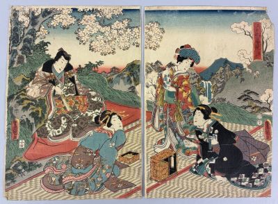 two panels of a painting of women sitting on a bench