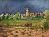 peinture représentant un paysage avec un château au loin