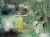 une peinture abstraite représentant une toile verte et blanche accrochée au mur