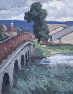 un tableau représentant un pont enjambant une rivière, avec des maisons en arrière-plan