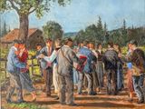 a painting of a group of people standing in front of a fence
