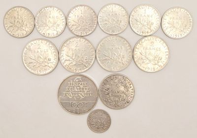 several different types of coins are arranged on a white surface