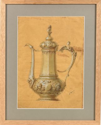 painting of a coffee pot with a handle on a yellow background
