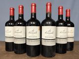six bottles of red wine are lined up on a wooden table