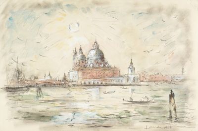 dessin représentant une vue d'une ville avec un bateau sur l'eau