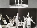 four black and white photographs of a man and a woman on a stage