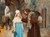 an image of a painting of a man and a little girl in a courtyard