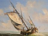 a painting of a boat in the ocean with birds flying around it