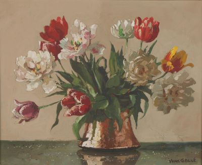 une peinture de fleurs dans un vase sur une table