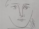 a drawing of a man ' s face with a pen in his hand