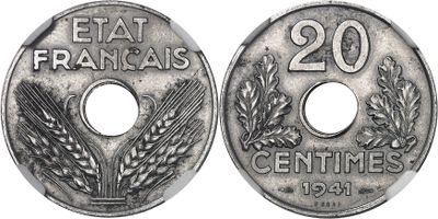 an old french 20 cent coin with the number twenty on it
