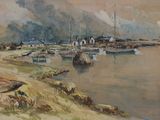 un tableau représentant un port avec des bateaux sur l'eau