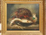 tableau représentant une nature morte avec un canard et une oie dans un saladier posé sur une table
