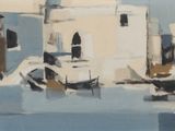peinture de bateaux dans un port avec des bâtiments en arrière-plan