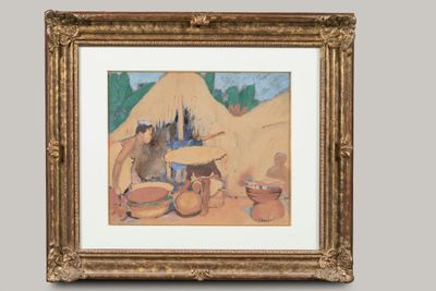 framed picture of a painting of a man and a dog in front of a hut