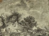 drawing of a landscape with sheep and trees in the foreground