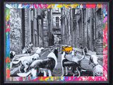 tableau représentant un groupe de chiens dans une rue de la ville, avec des graffitis sur les murs
