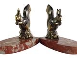 pair of antique bronze bookends of a rabbit and a bird on marble bases