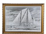 drawing of a sailboat in a gold frame on a white background