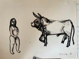 a drawing of a woman standing next to a cow