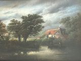 a picture of a painting of a house by the water