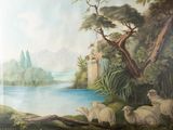 a painting on the wall of a room with a painting of a lake and sheep