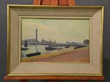 a picture of a painting on a easel with a picture of a lighthouse in the background